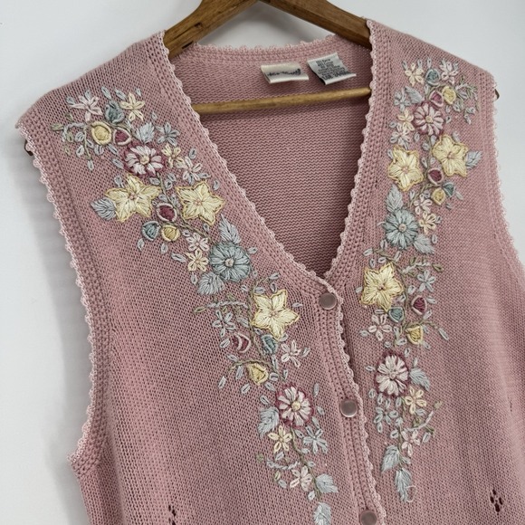 Vintage Cardigan Sweater Vest Women's Large Pink Granny Embroidered‎ Floral - Picture 2 of 8